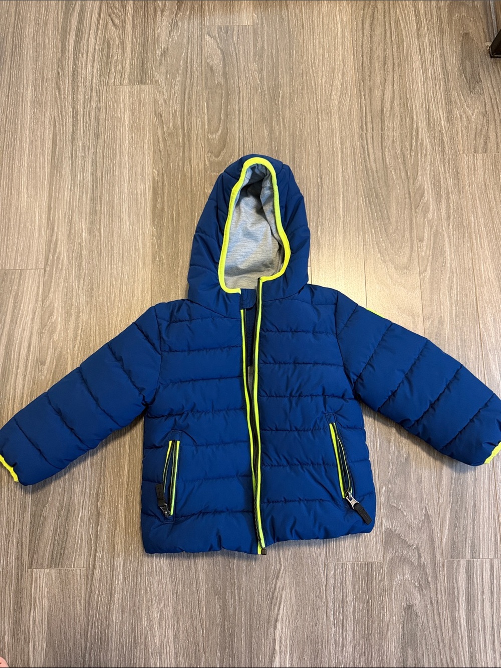 NWOT Kids Blue Hooded Puffer Jacket with Neon Trim